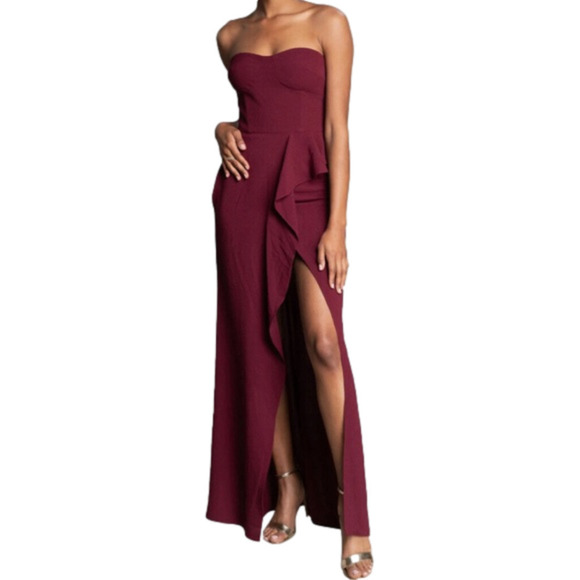 Dress the Population Large Kai Strapless Asymmetrical Gown Burgundy MSRP 198 - Picture 1 of 7